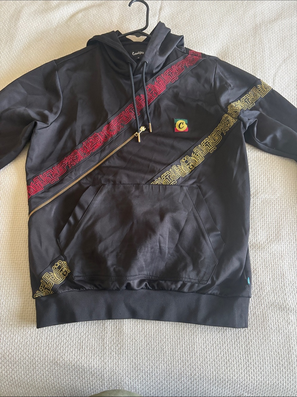 Carhartt Black Hoodie with Red and Gold Accent Stripes